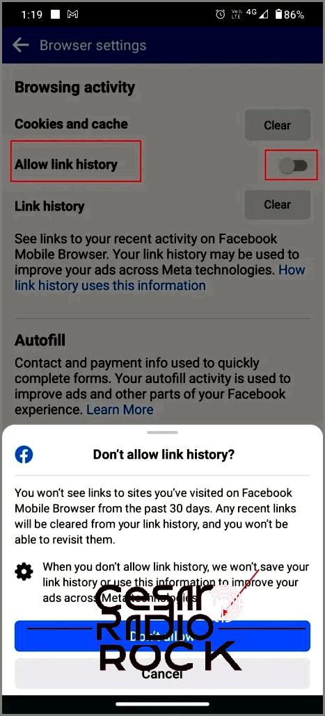 Toggle Off Allow Link History On Facebook