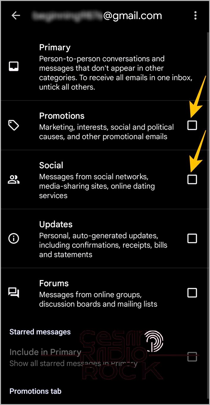 Social and promotions tab options in Gmail app