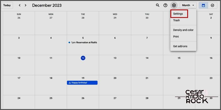 Settings button in Google Calendar