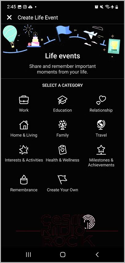 Categories for life events on Facebook mobile