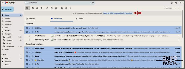 Selecting all emails in the Promotions tab