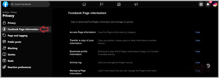 Facebook page information on settings.