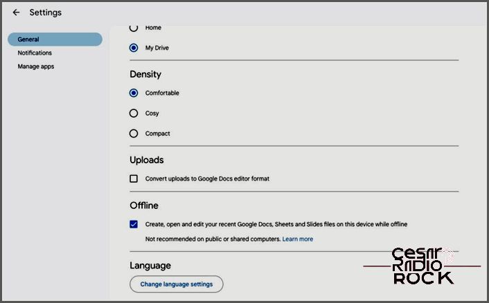 Google Drive settings on the web