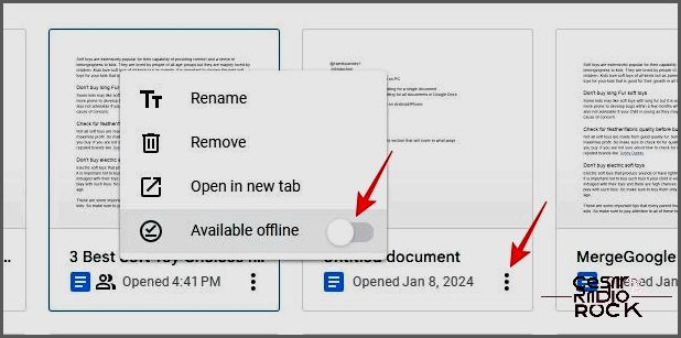 Toggle on Available offline for a document in Google Docs