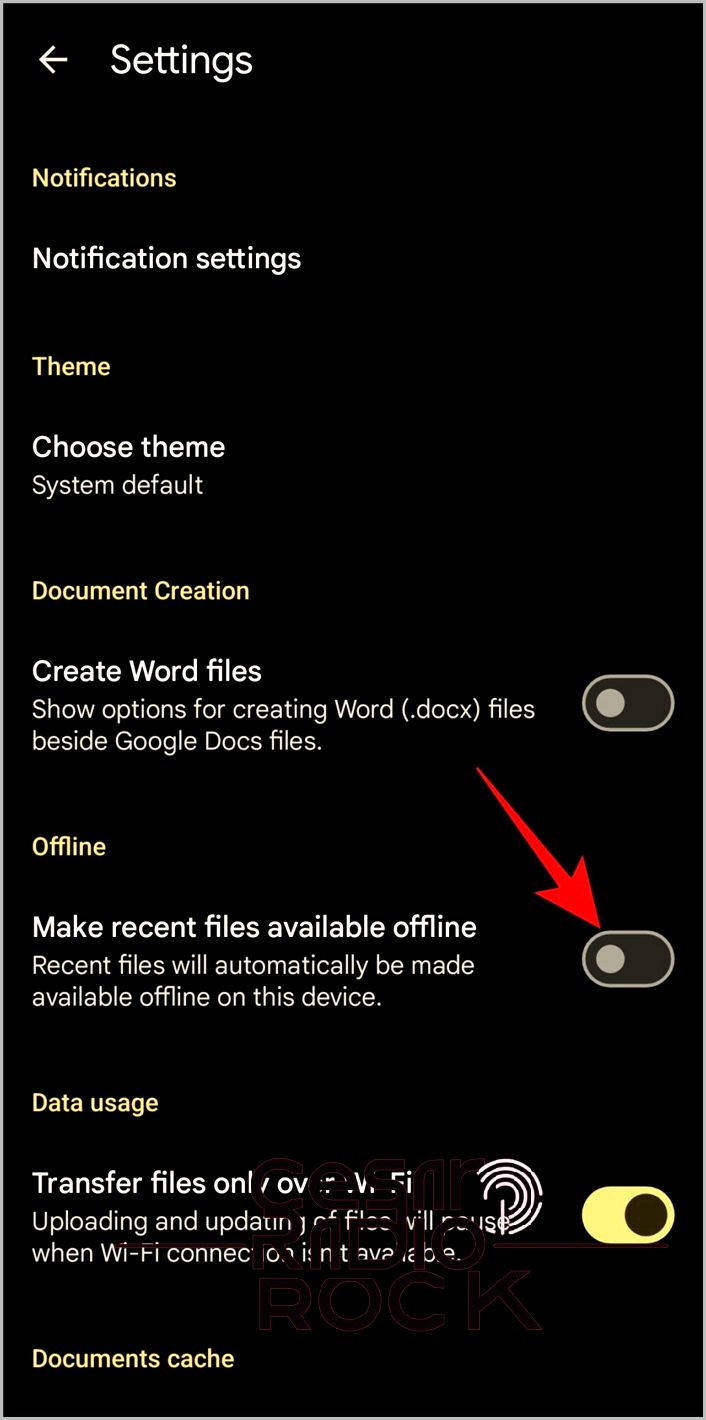 Offline option in Google Docs Settings Android app