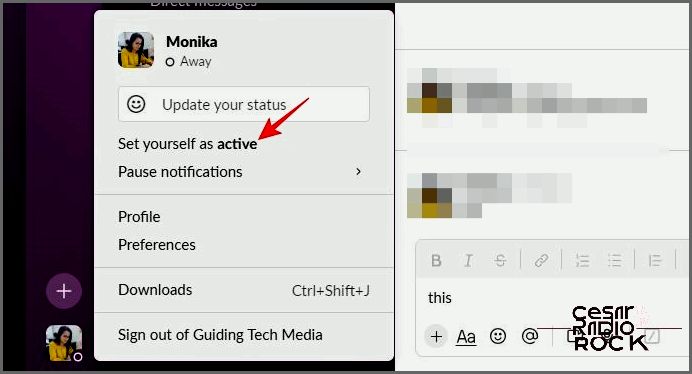 Set yourself active option in Slack