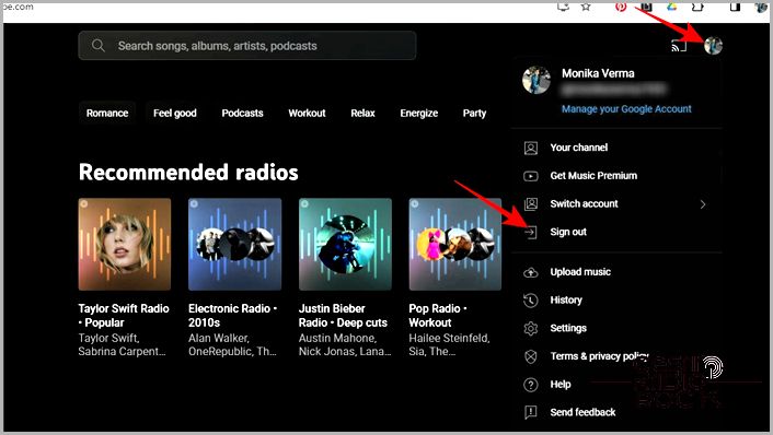 Signout option on YouTube Music web