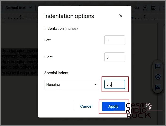 Type Hanging Indent Amount of In Options