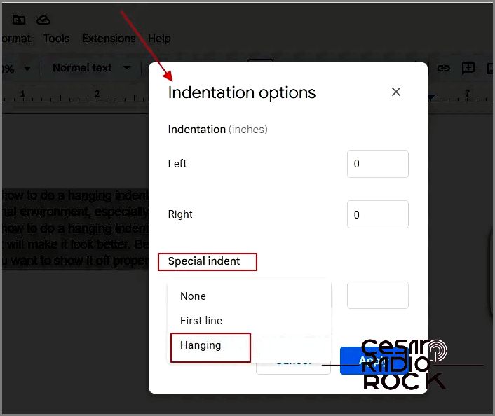 Choose Hanging Indent Option