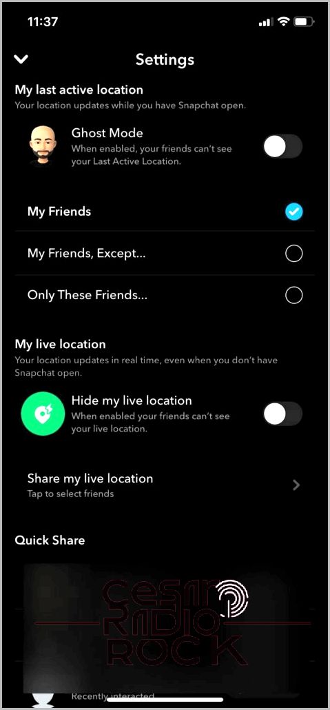 Snapchat settings Ghost Mode toggle